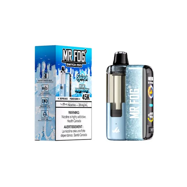 Explore the Blue Raspberry Mr Fog Switch Pod Splash Edition Vape Kit with up to 45,000 puffs, mesh coil technology, and adjustable vaping modes